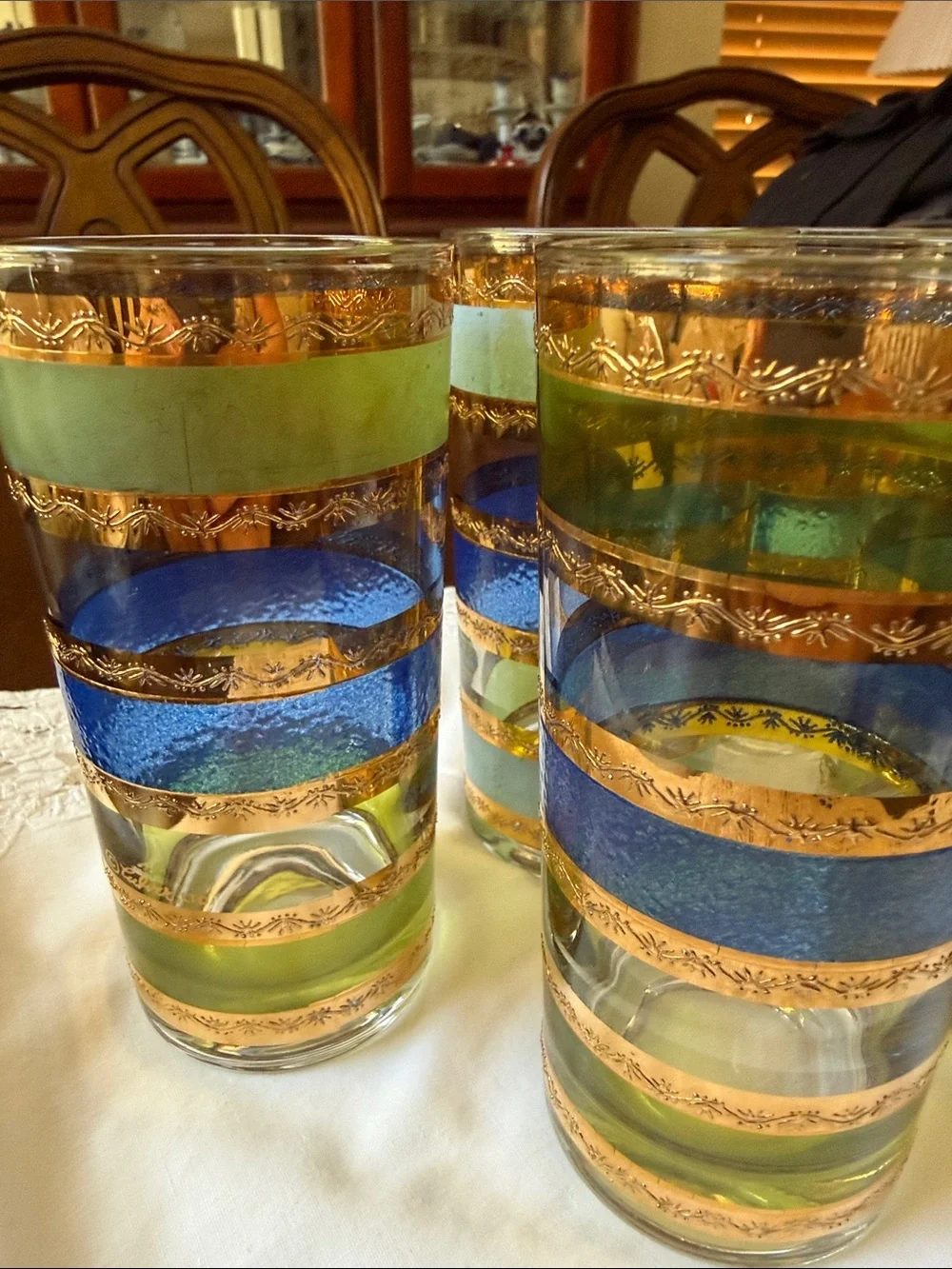 Mid Century Culver Rondo Highball set of 7 glasses band of blue green 22k gold